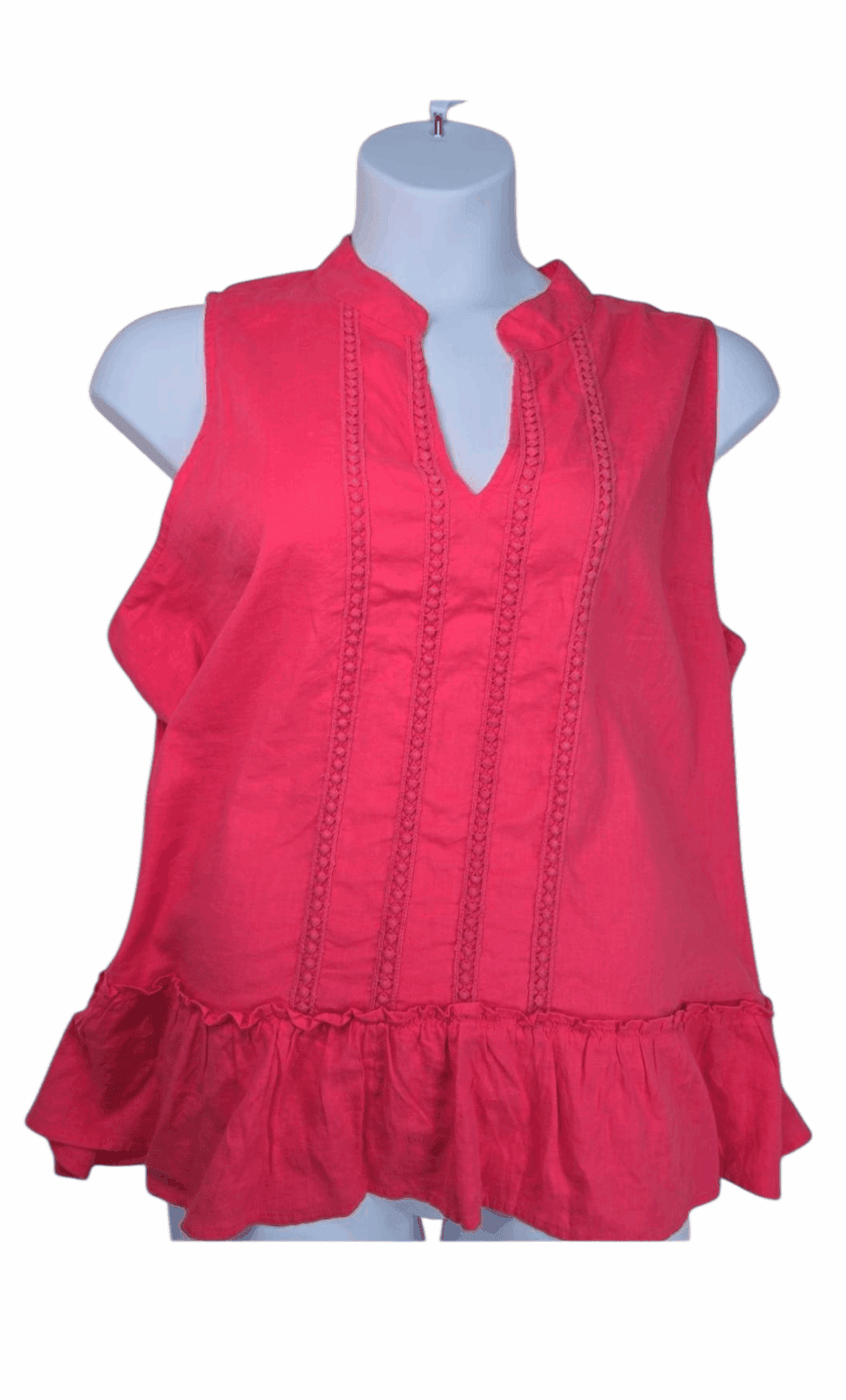 Front view of Crown & Ivy coral sleeveless V-neck pullover top with ruffle hem size XXL