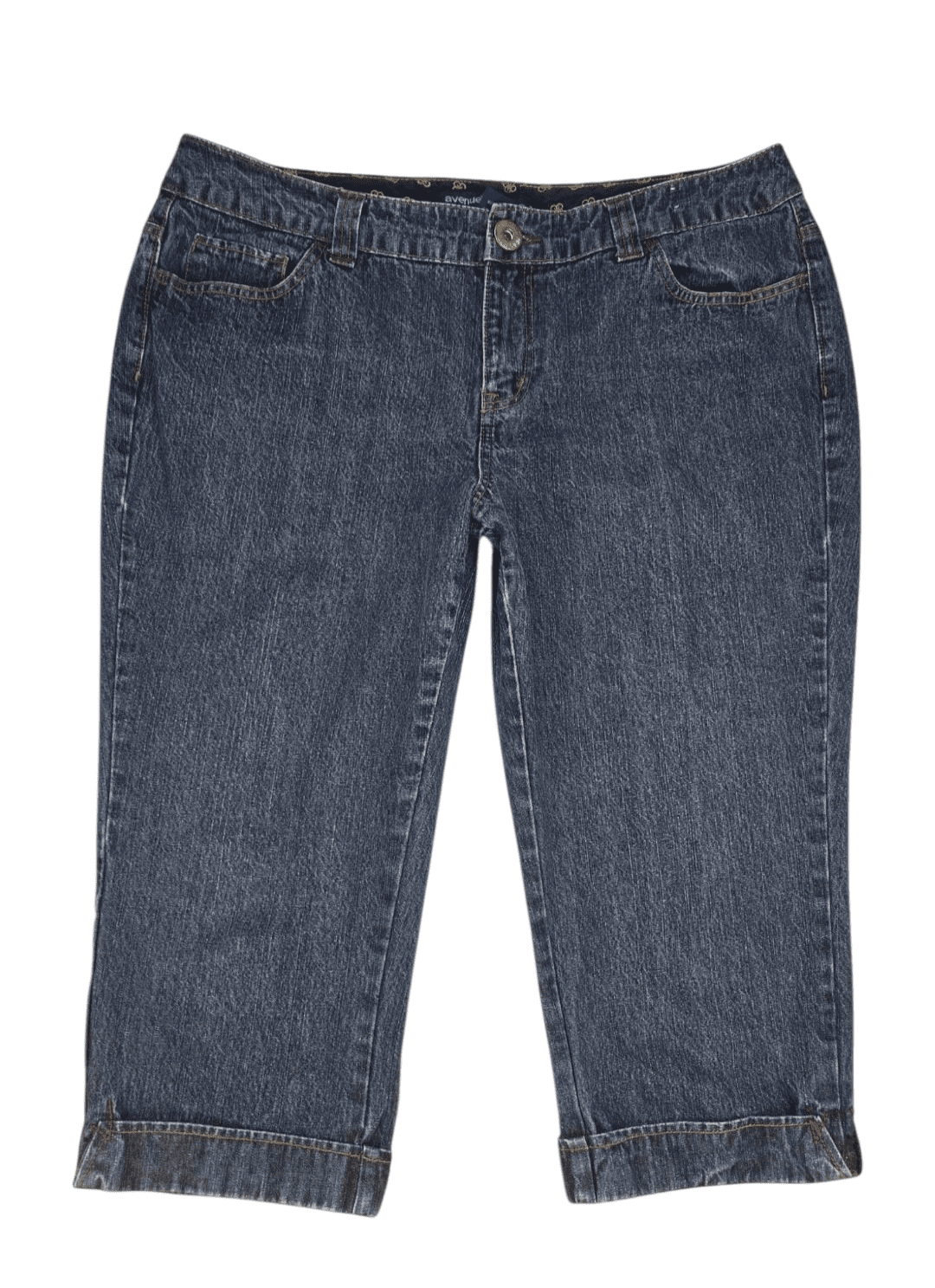 Avenue women’s size 16 blue denim capris with folded cuffs front view