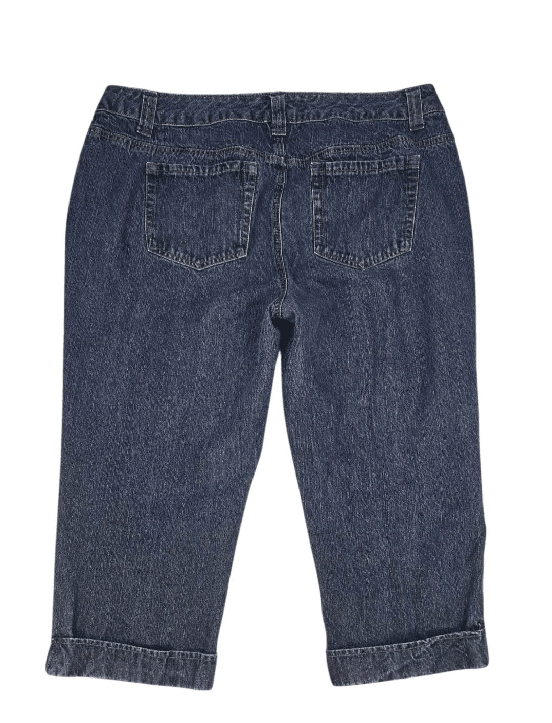 Back view of Avenue women’s size 16 blue denim capris with folded cuffs