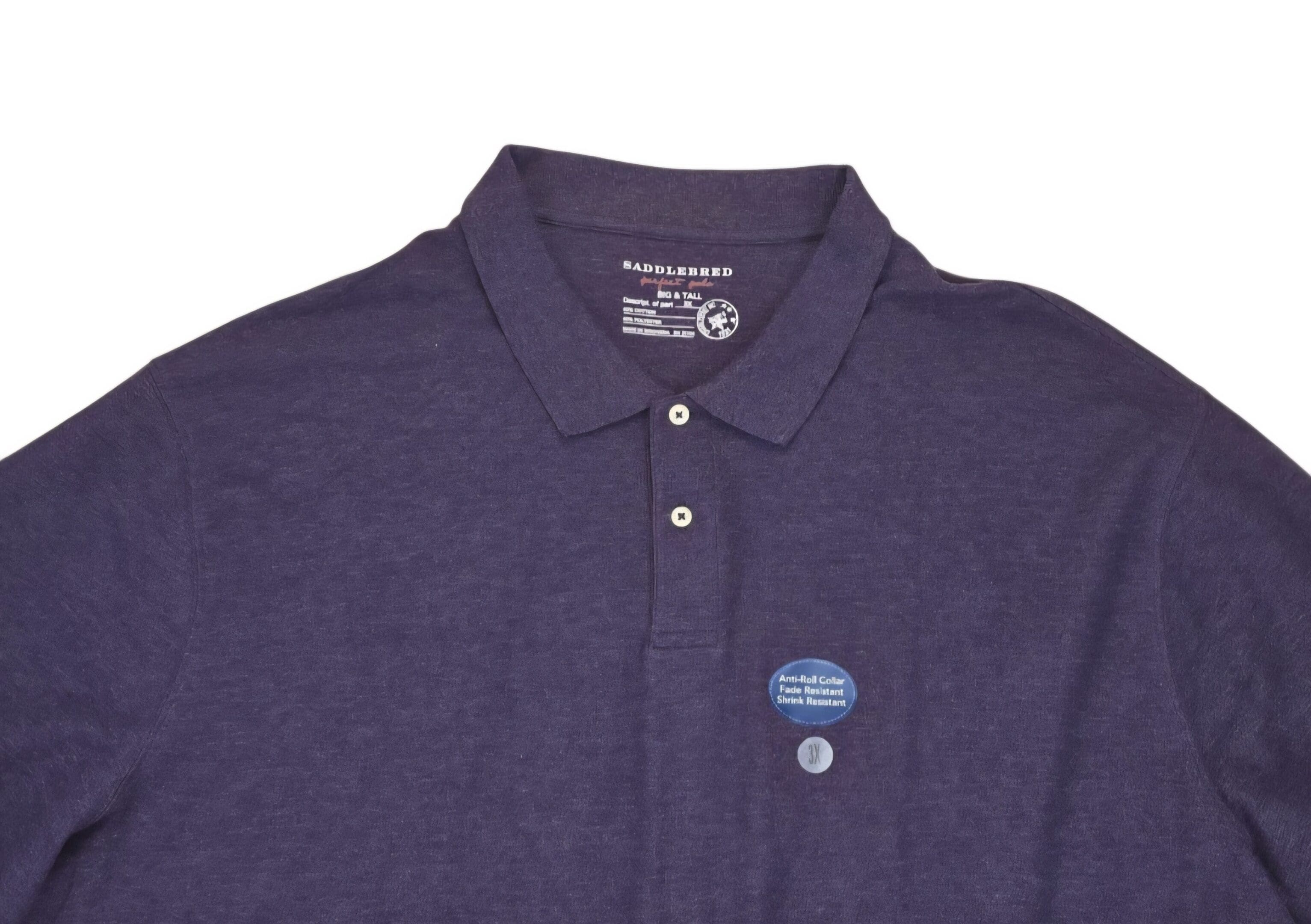 Close-up of collar, buttons, and pique texture on NWT Saddlebred purple Perfect Polo Easy Care shirt men’s size 3X