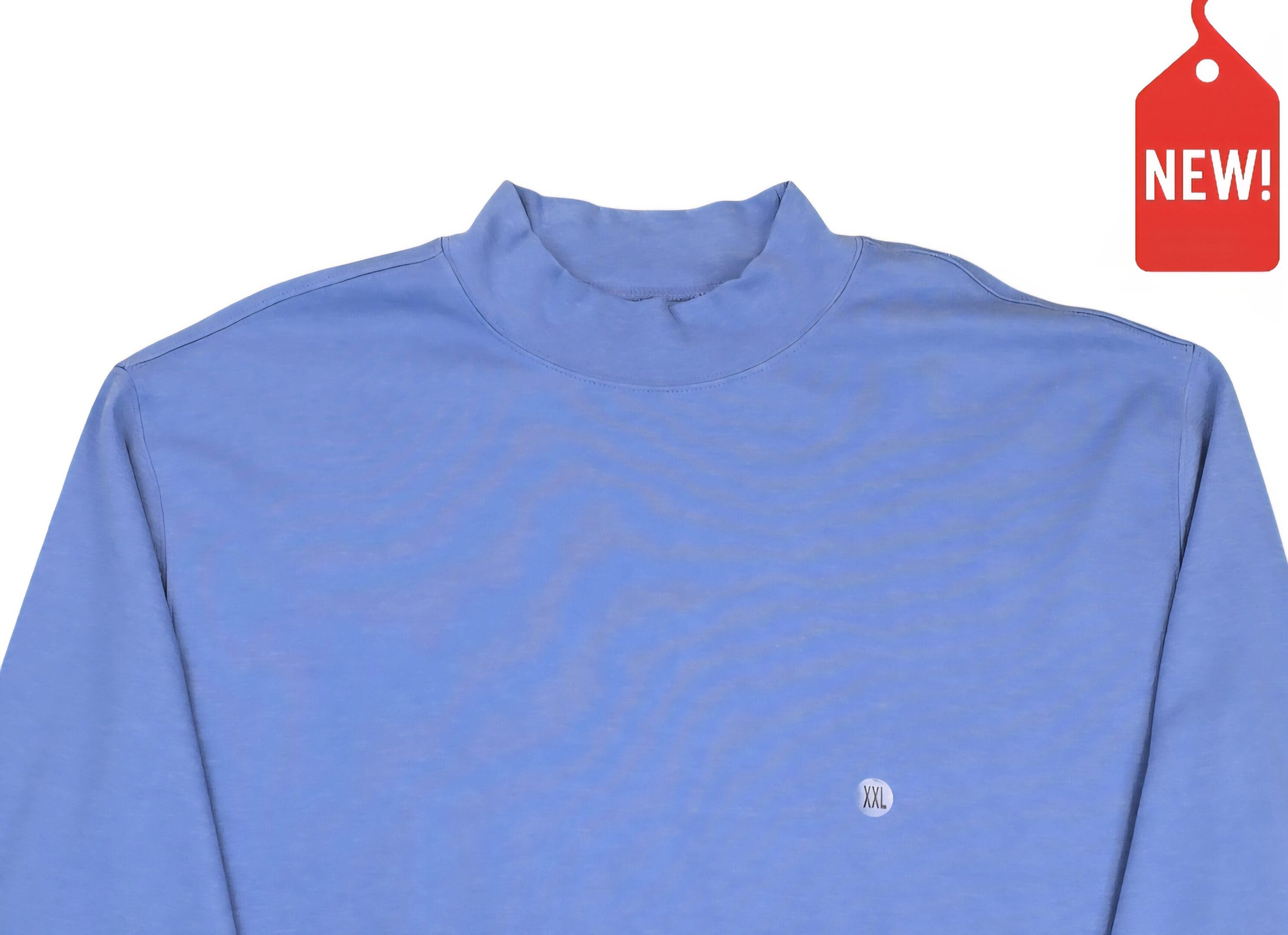 Close-up of front of Saddlebred men’s size XXL blue mock neck pullover showing zipper and collar detail