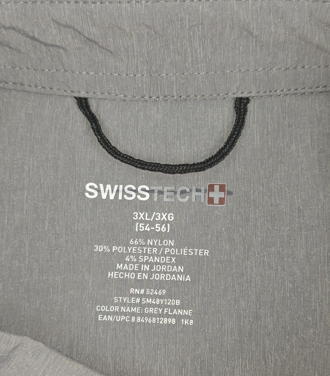 Close-up of Swiss Tech brand and 3XL size tag on gray long sleeve button-up shirt