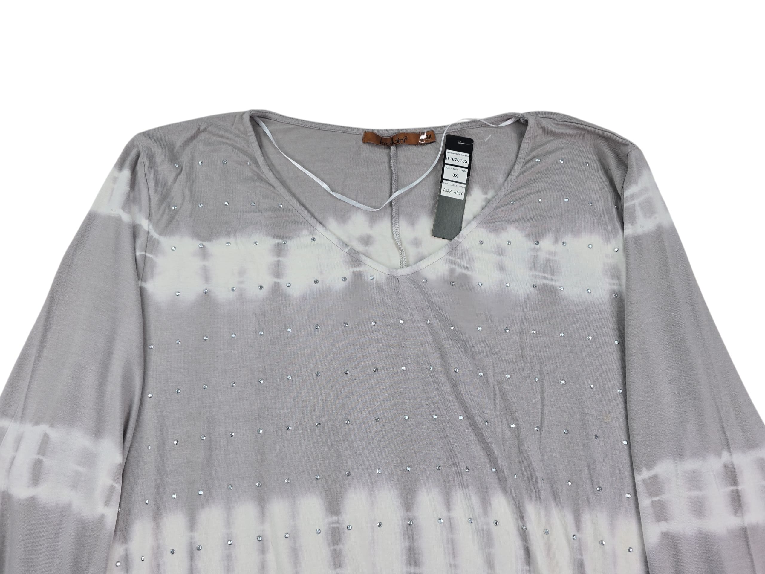 Belldini rhinestone detail close up on tie dye fabric