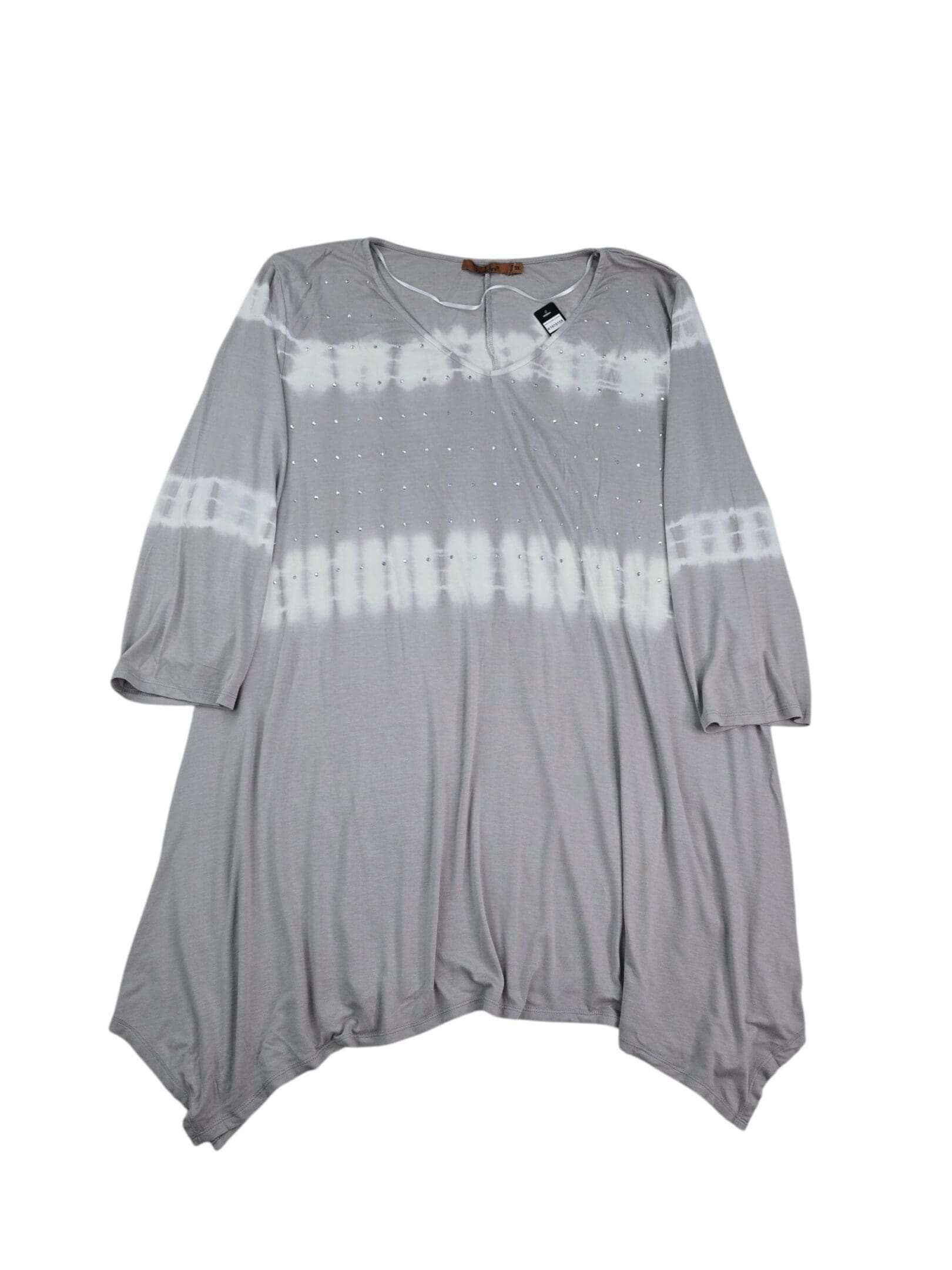 Belldini pearl grey tie dye top front view with rhinestones