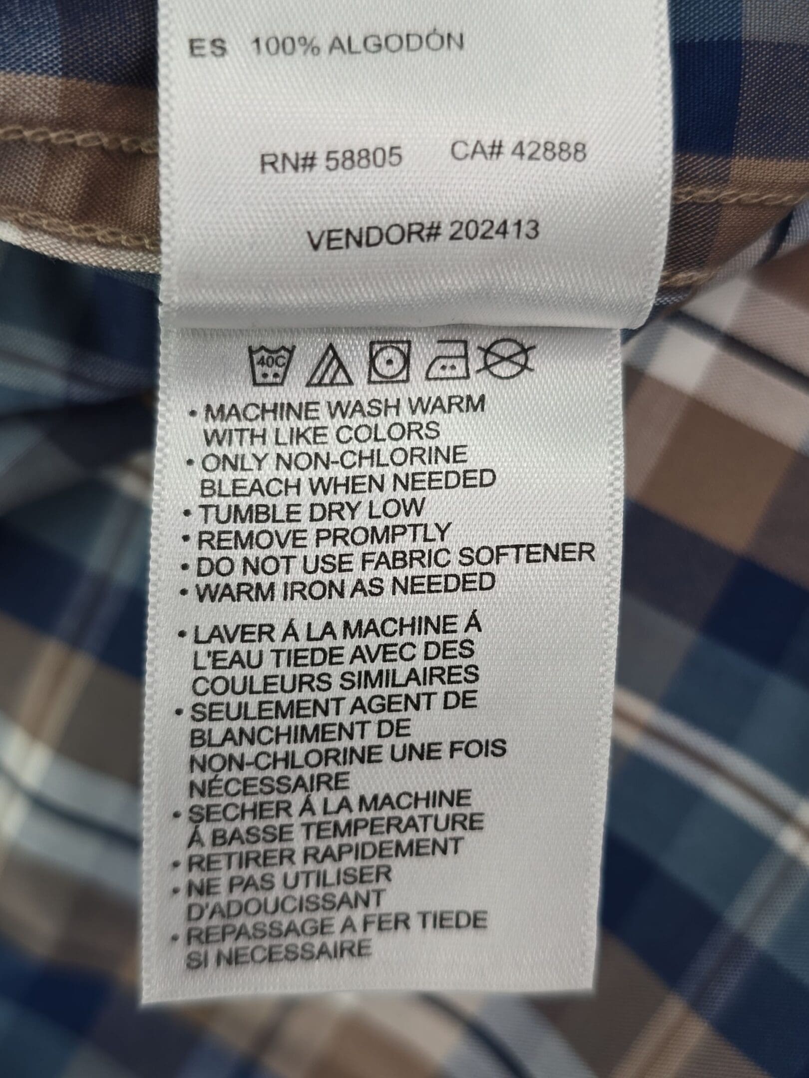 Oak Hill cool and dry shirt care label with washing instructions