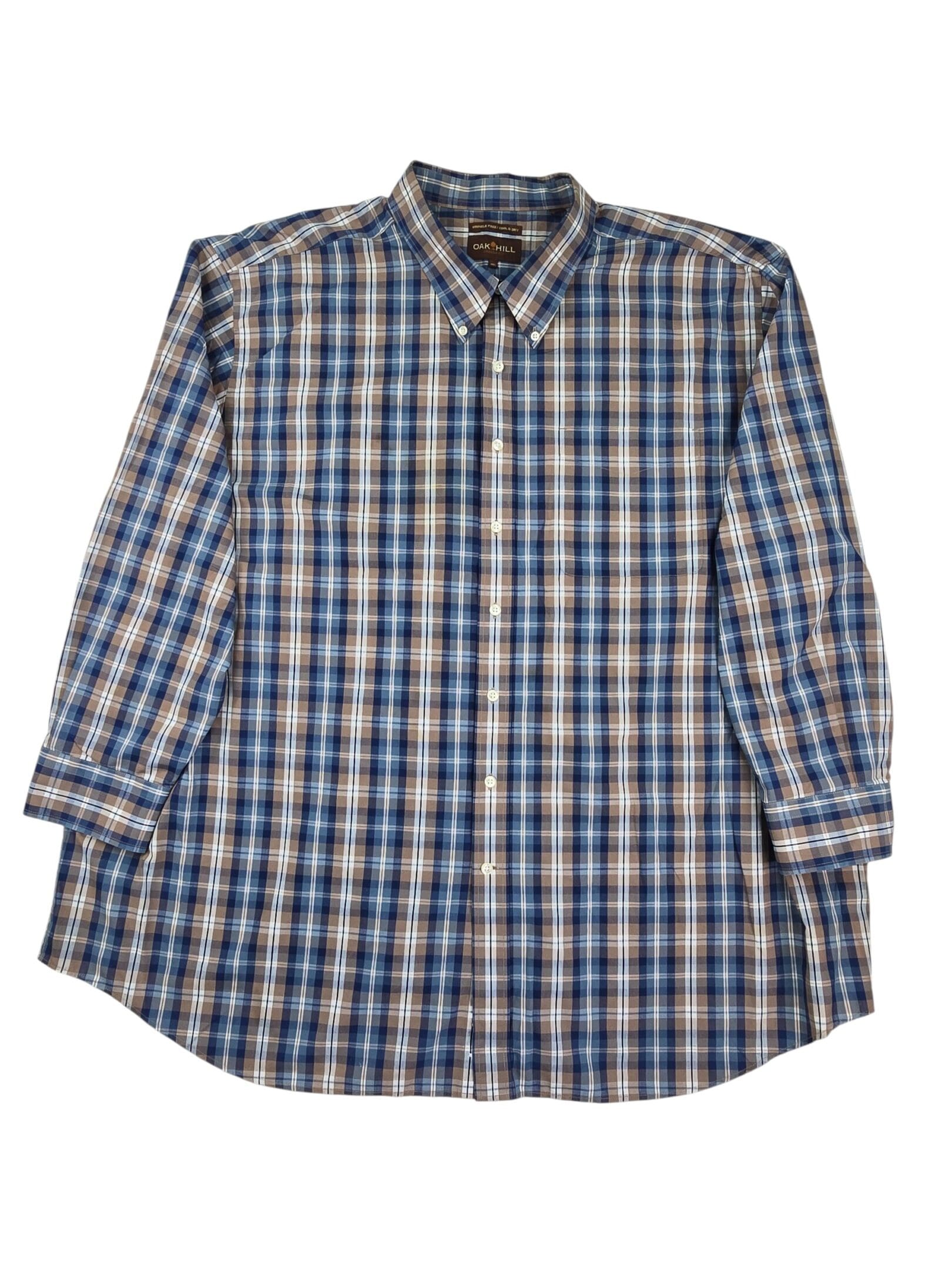 Oak Hill cool and dry button up shirt in blue and brown plaid front view