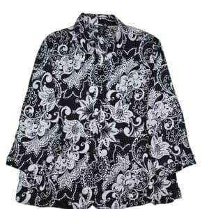 Carole Little women’s plus size linen blouse front view in black and white floral print