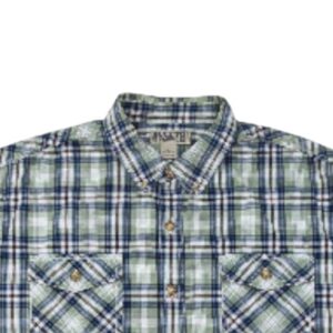 Duluth Trading Co short sleeve plaid shirt close up of fabric and buttons