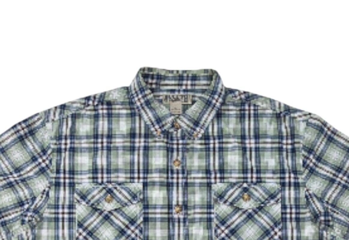 Duluth Trading Co short sleeve plaid shirt close up of fabric and buttons