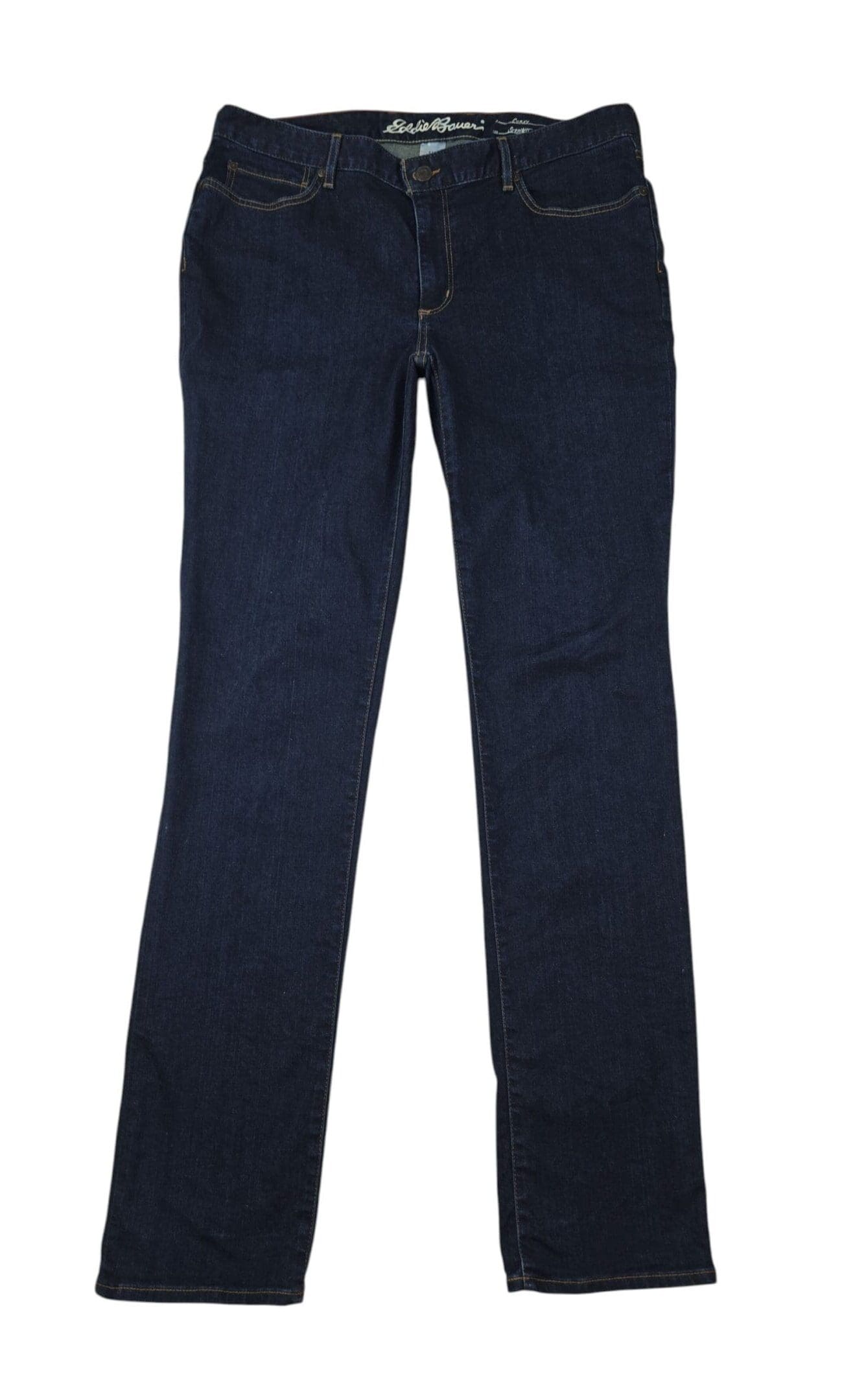 Eddie Bauer curvy straight leg jeans front view dark wash