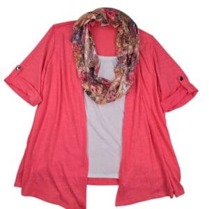Kim Rogers pink top with detachable eternity scarf front view