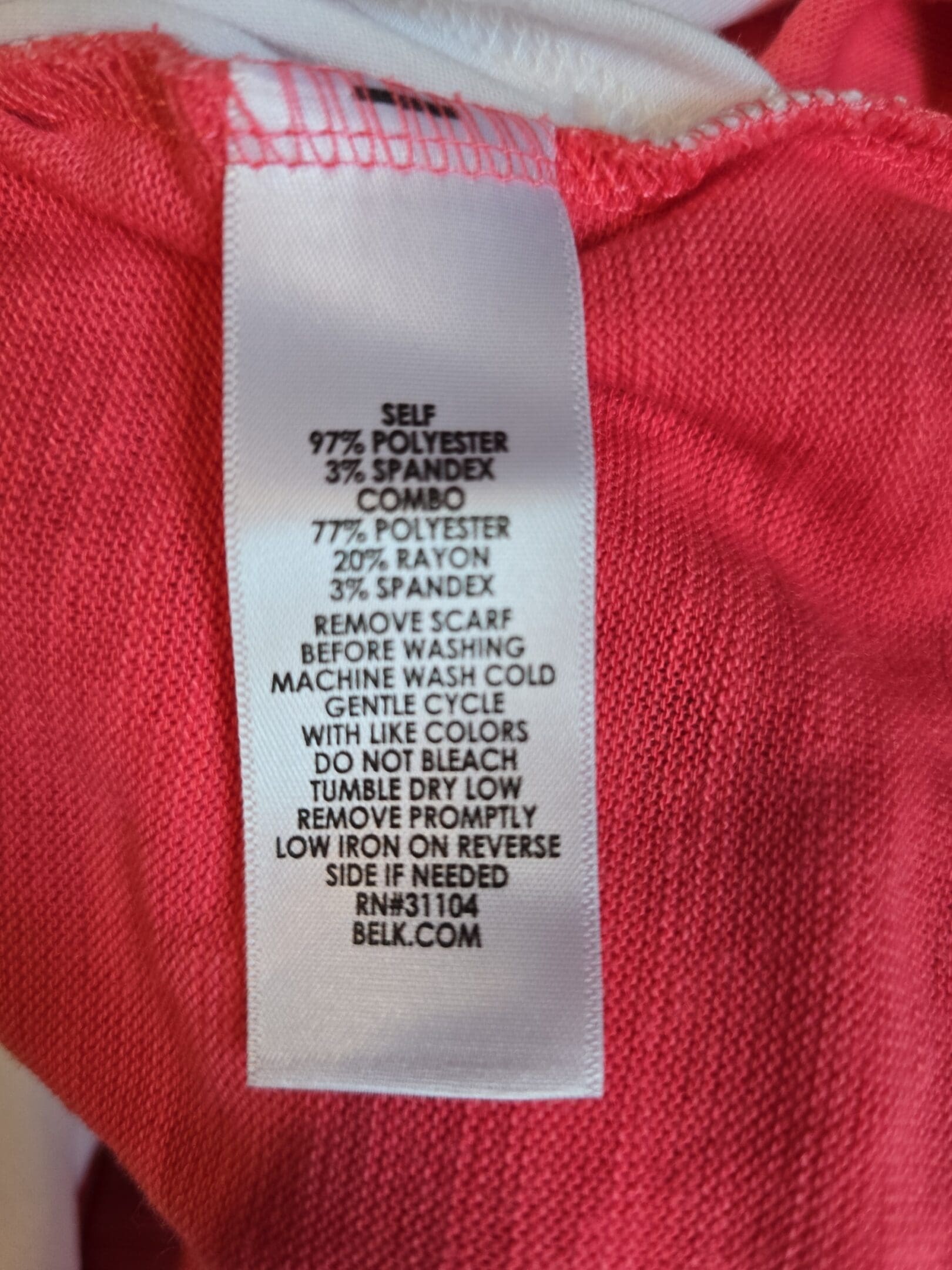 Kim Rogers pink top material and care tag