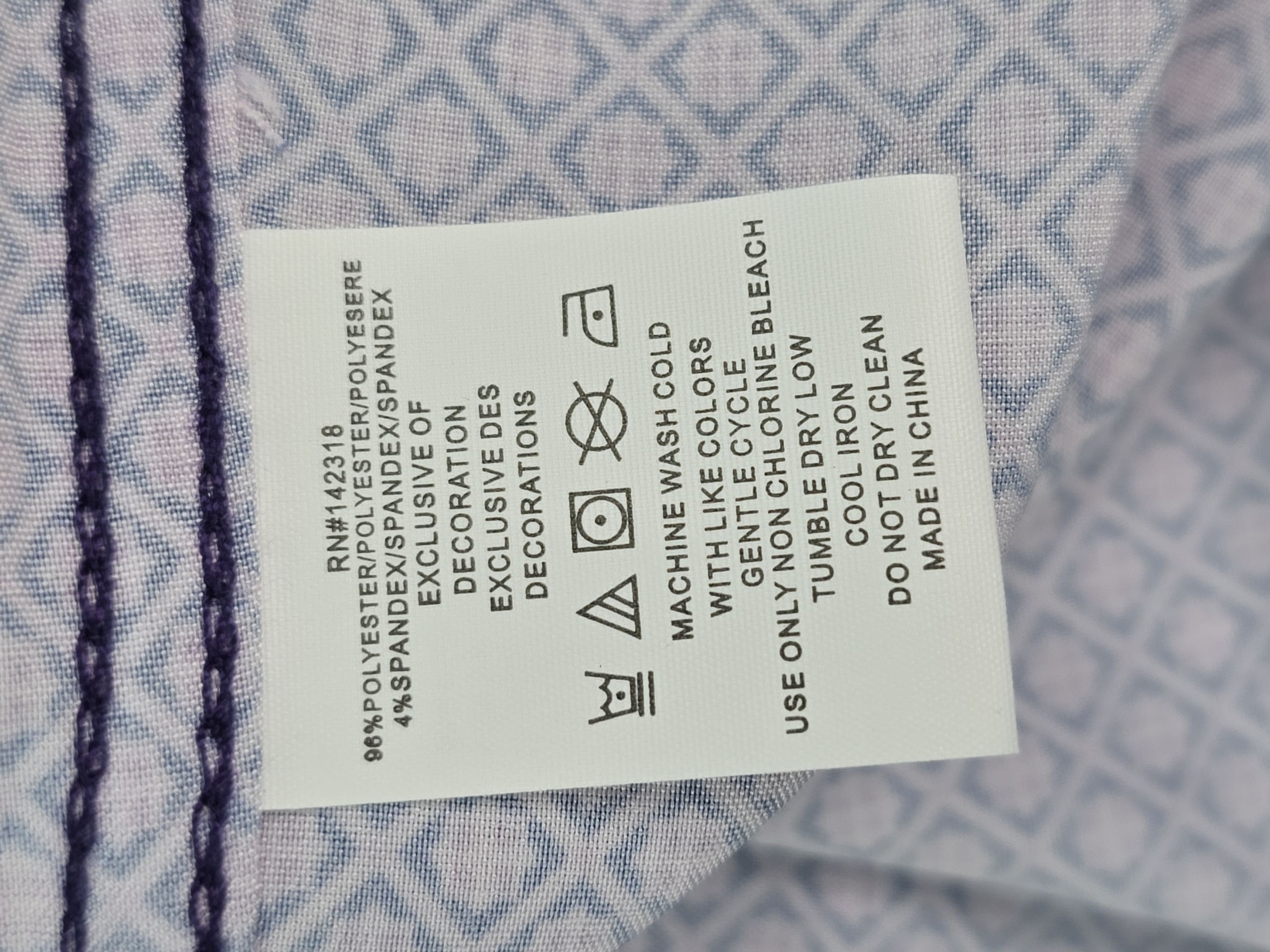 Nick Graham material care tag polyester spandex fabric
