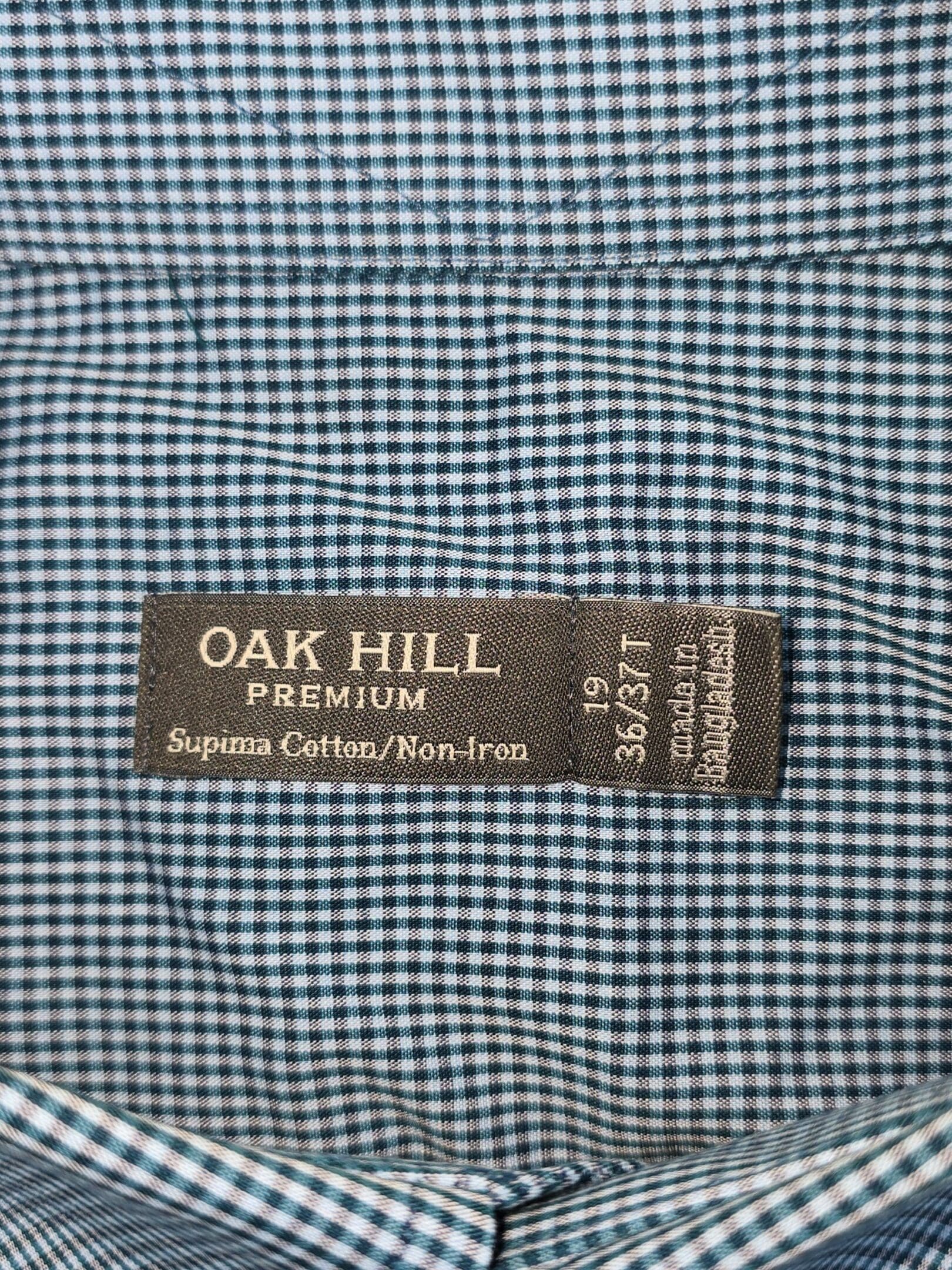 Oak Hill Premium brand and size label on blue micro check cotton dress shirt