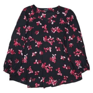 Roz & Ali semi sheer floral blouse front view black red print