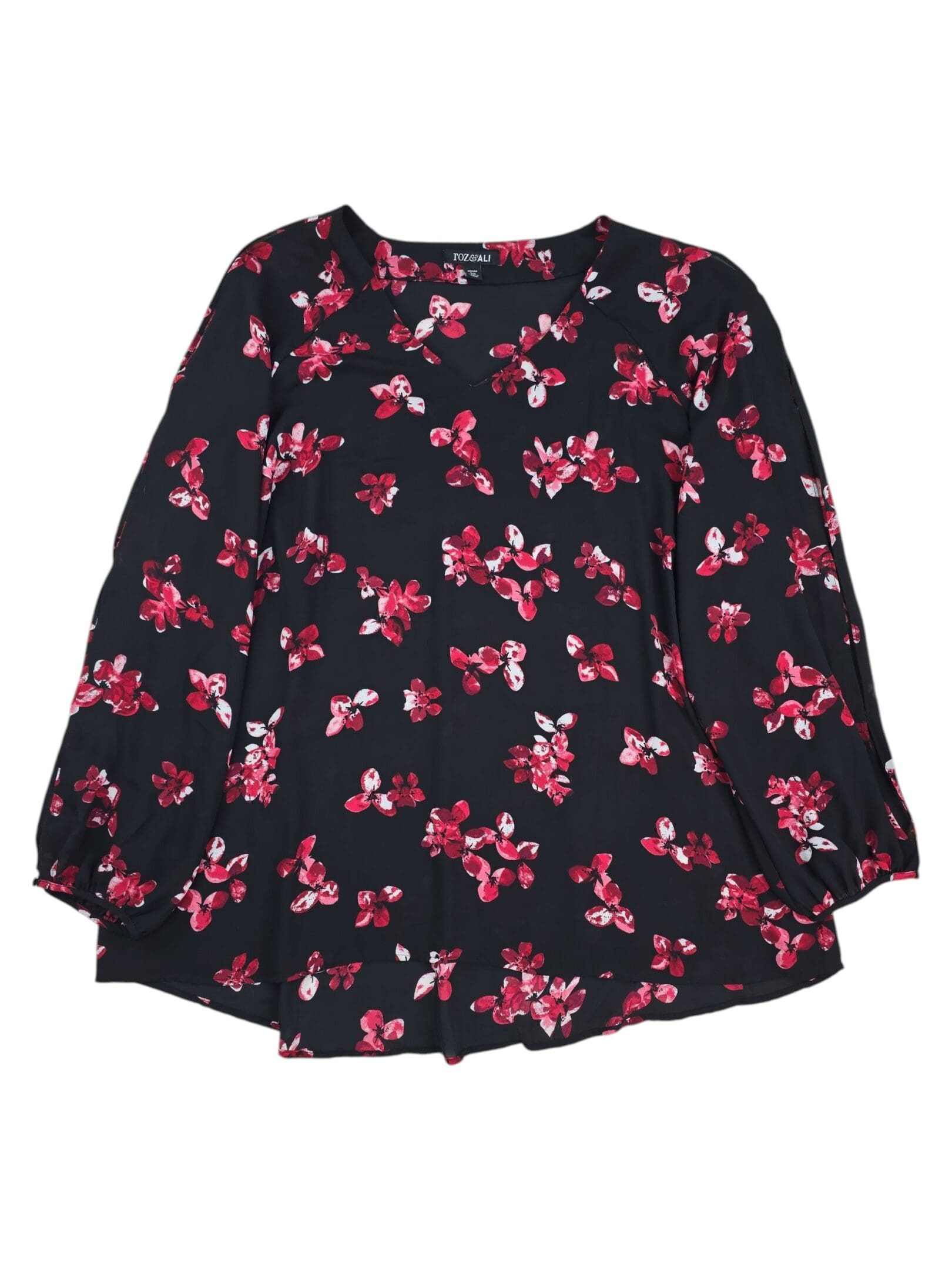 Roz & Ali semi sheer floral blouse front view black red print