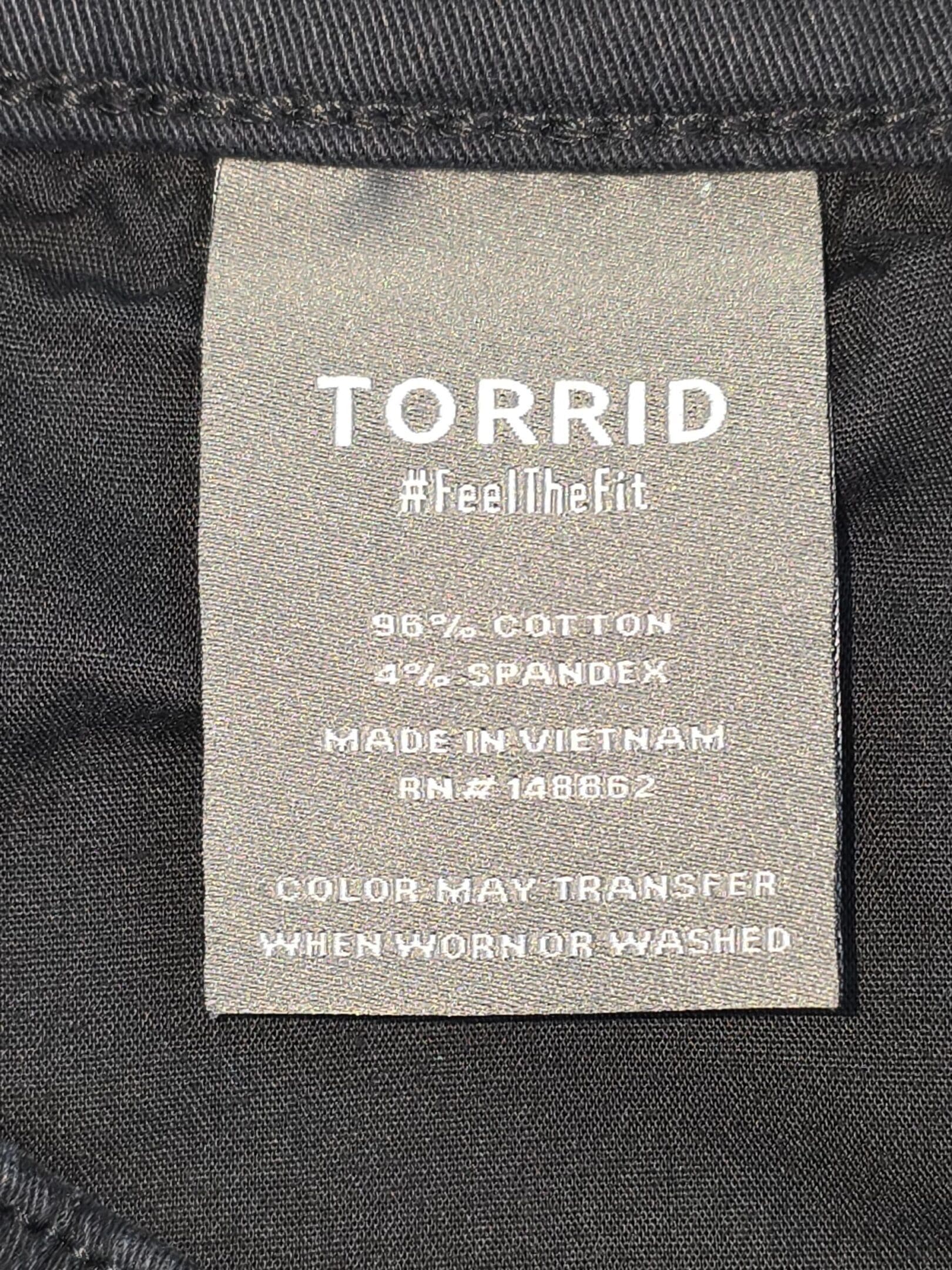 Torrid brand and fabric content label inside waistband
