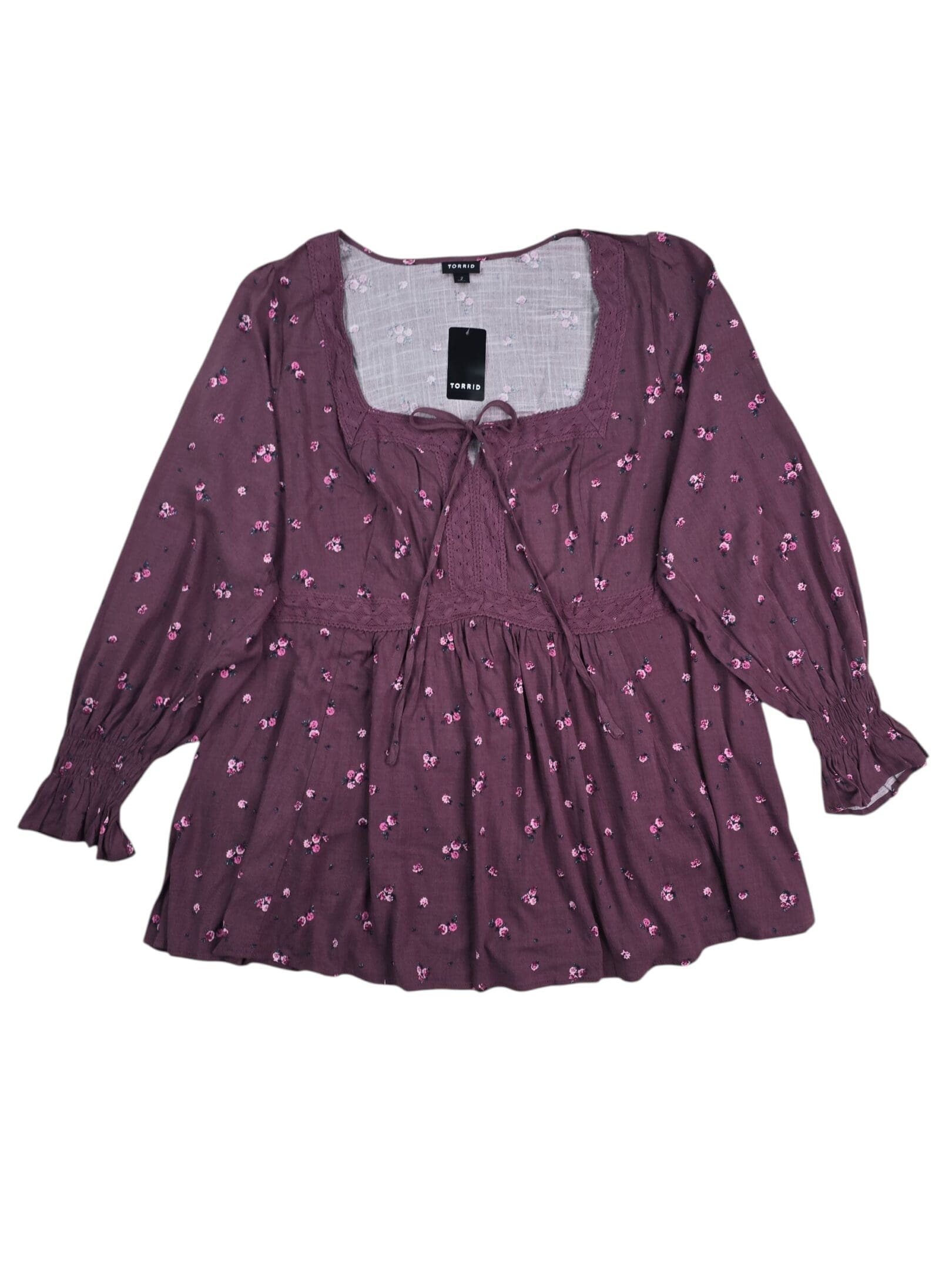 boho floral top front view with square neckline and tie detail