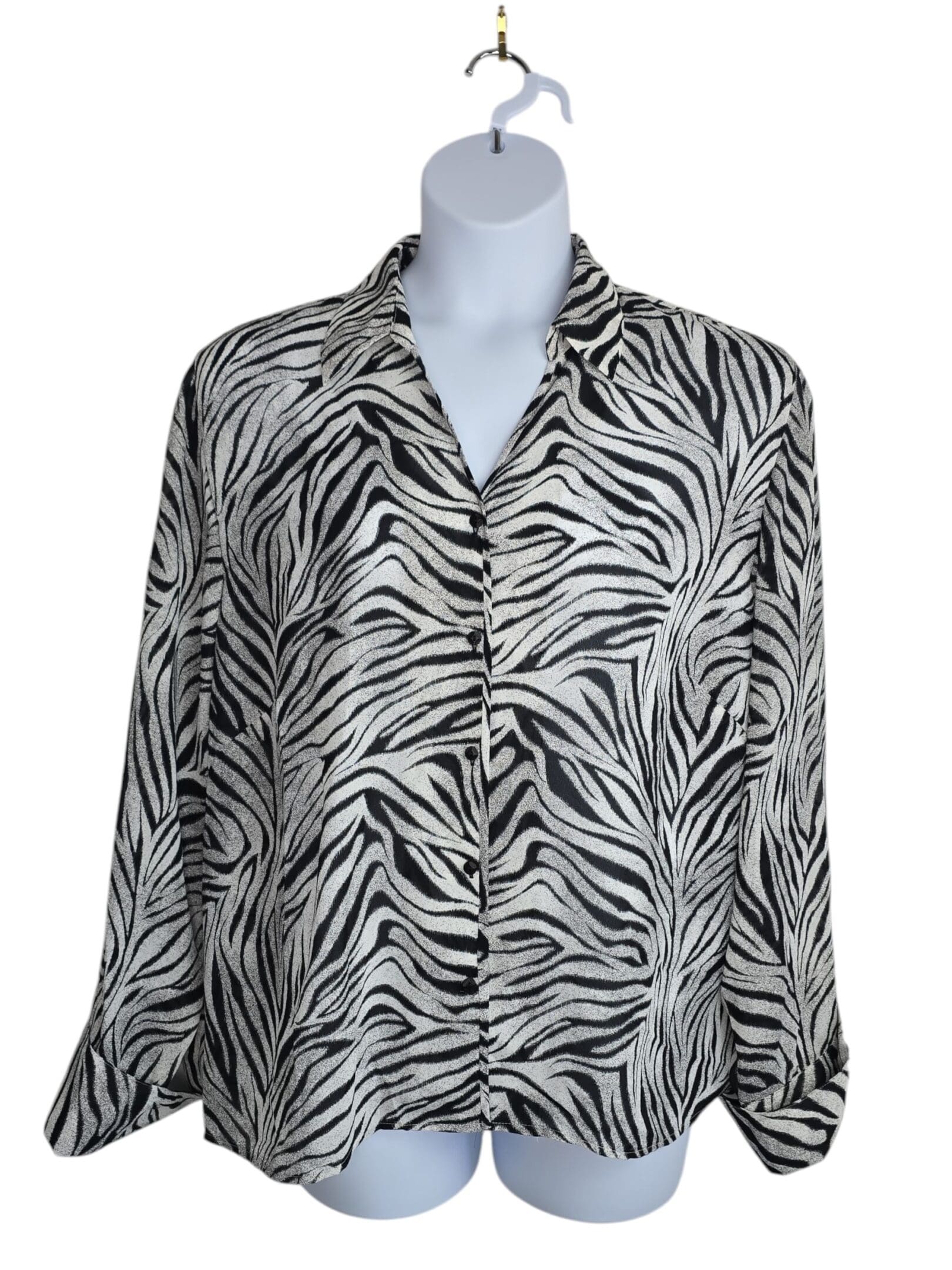 Norton Mcnaughton women’s animal print blouse front view in black and gray semi sheer fabric