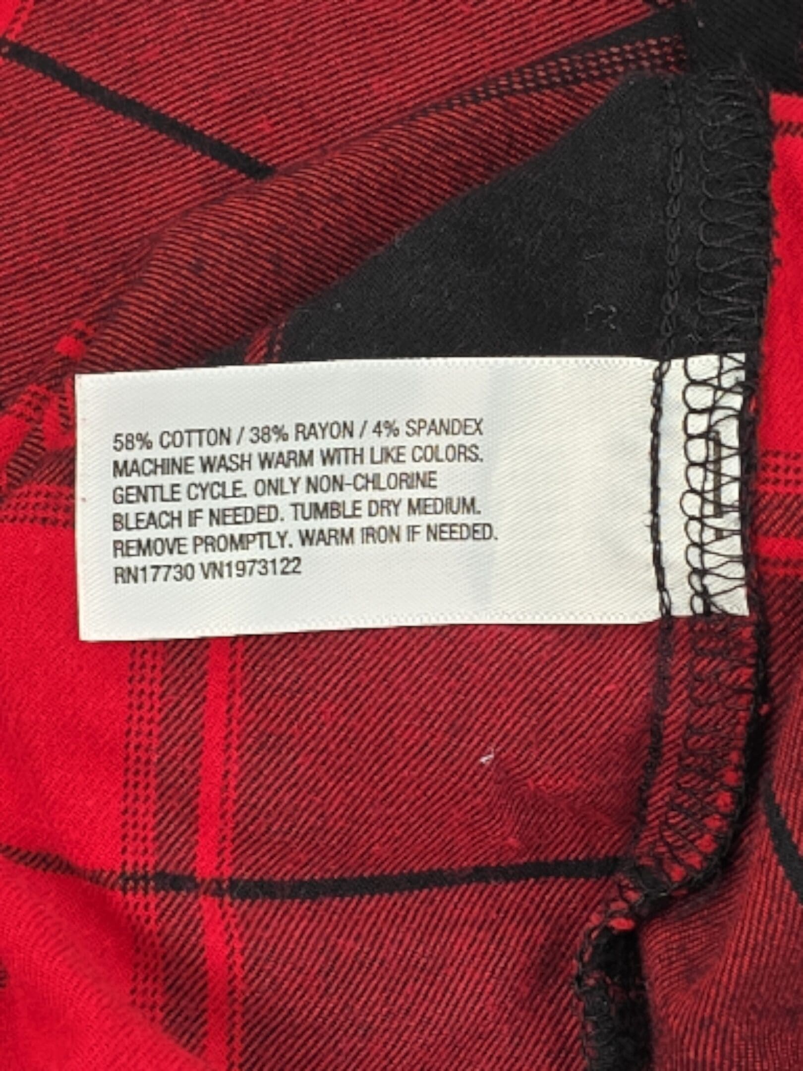 Ava and Viv plaid shirt material and care tag