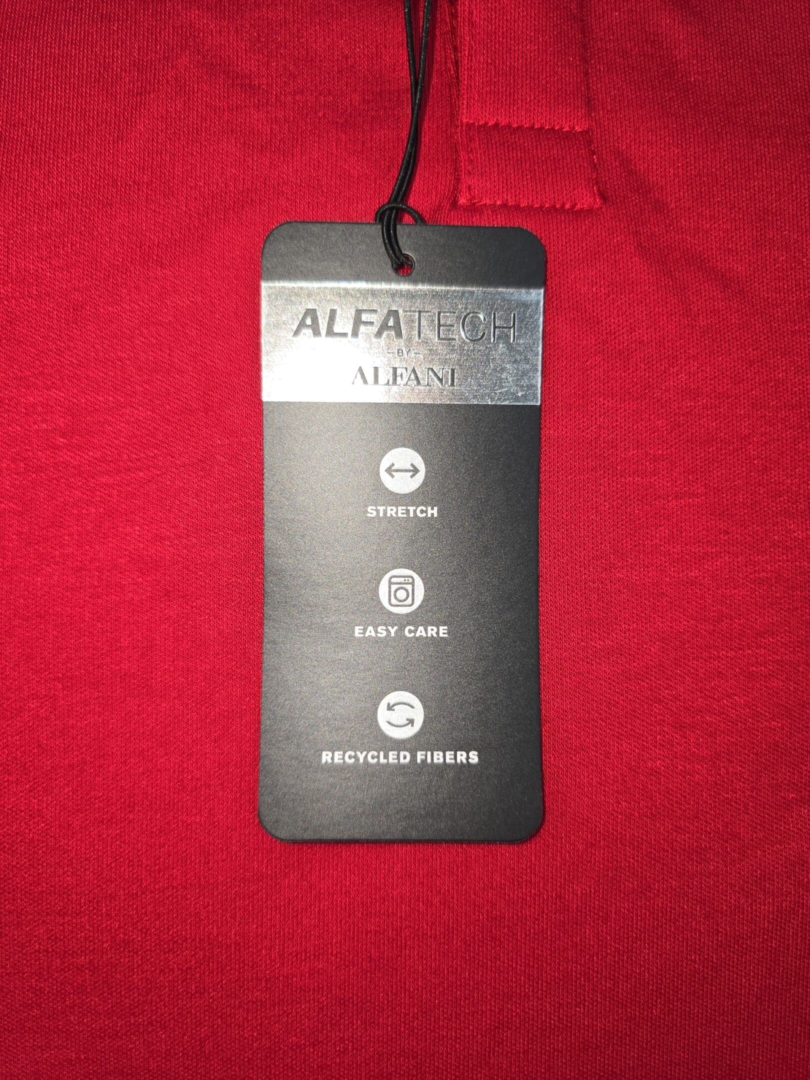 Alfani Alfatech hang tag showing stretch easy care and recycled fibers