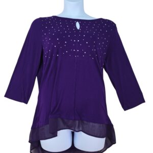Full front view of Belldini women’s purple blouse laid flat