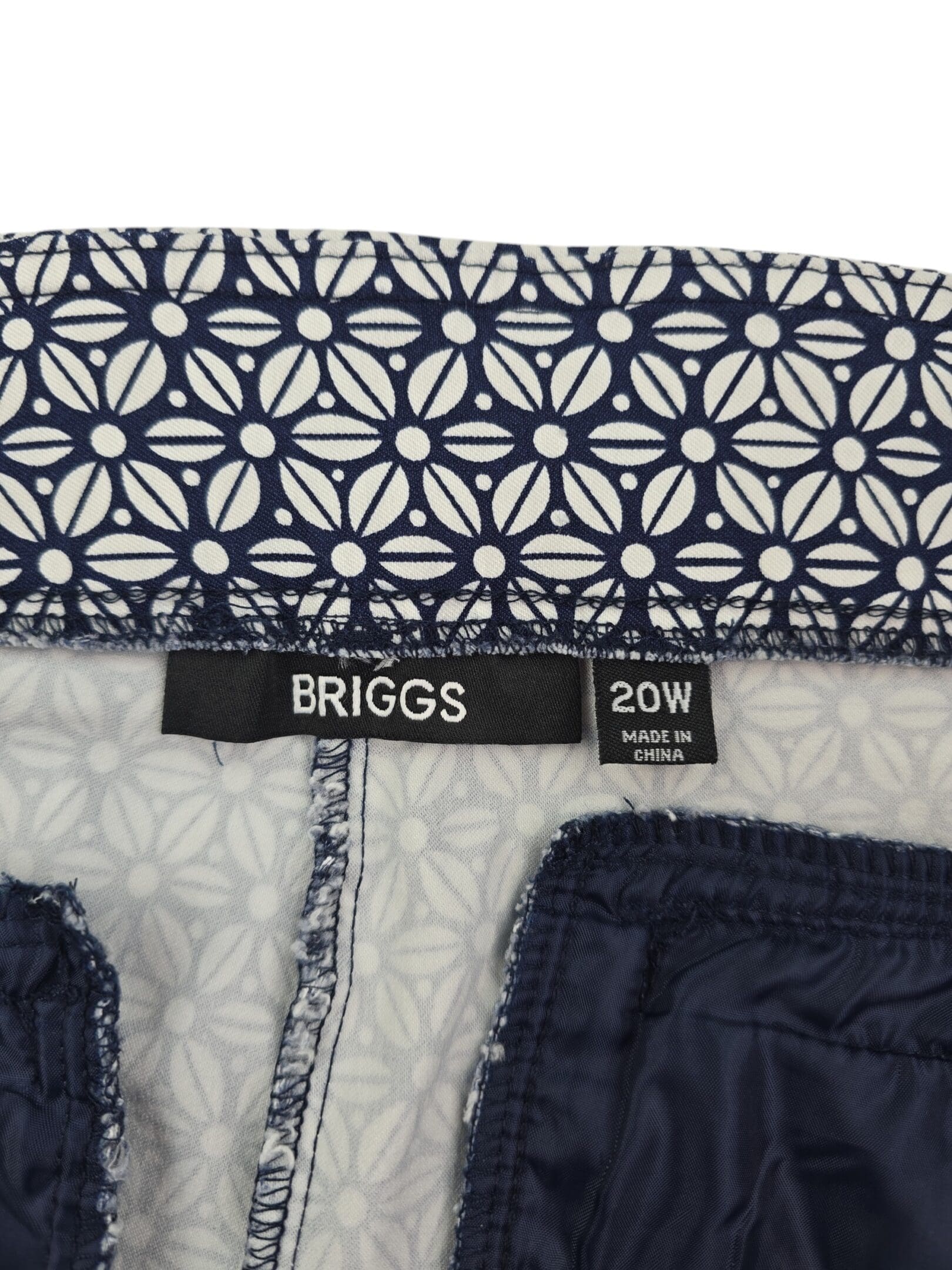 Briggs size 20W shorts brand and size tag close-up