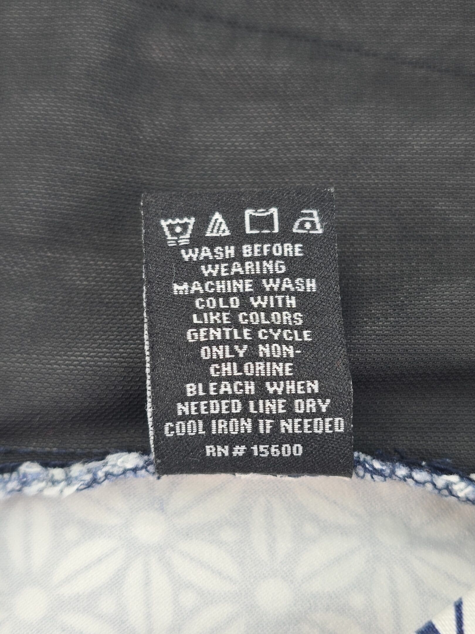 Briggs women’s shorts care instructions tag close-up