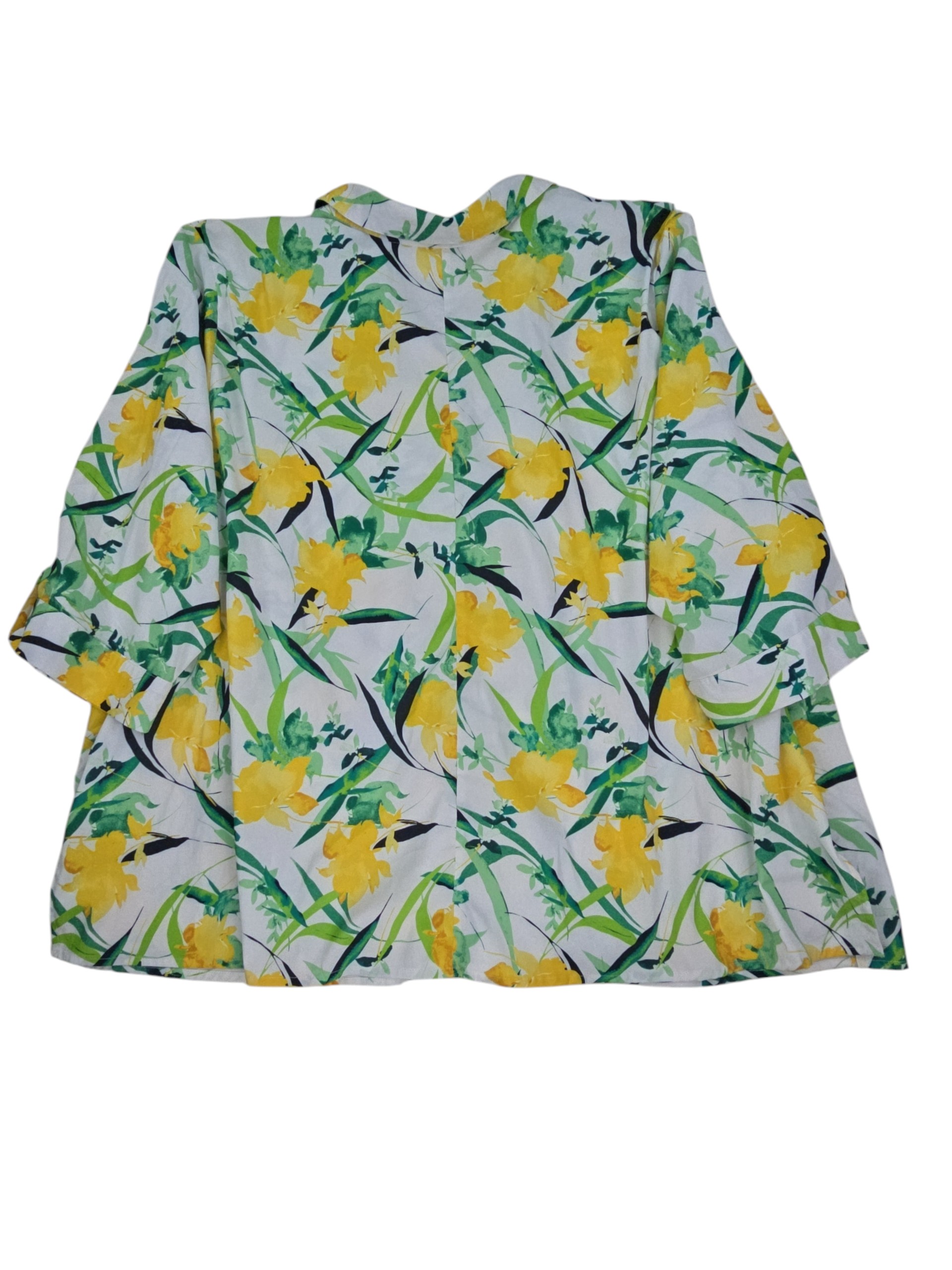 Back view of Catherines women’s floral button up blouse laid flat