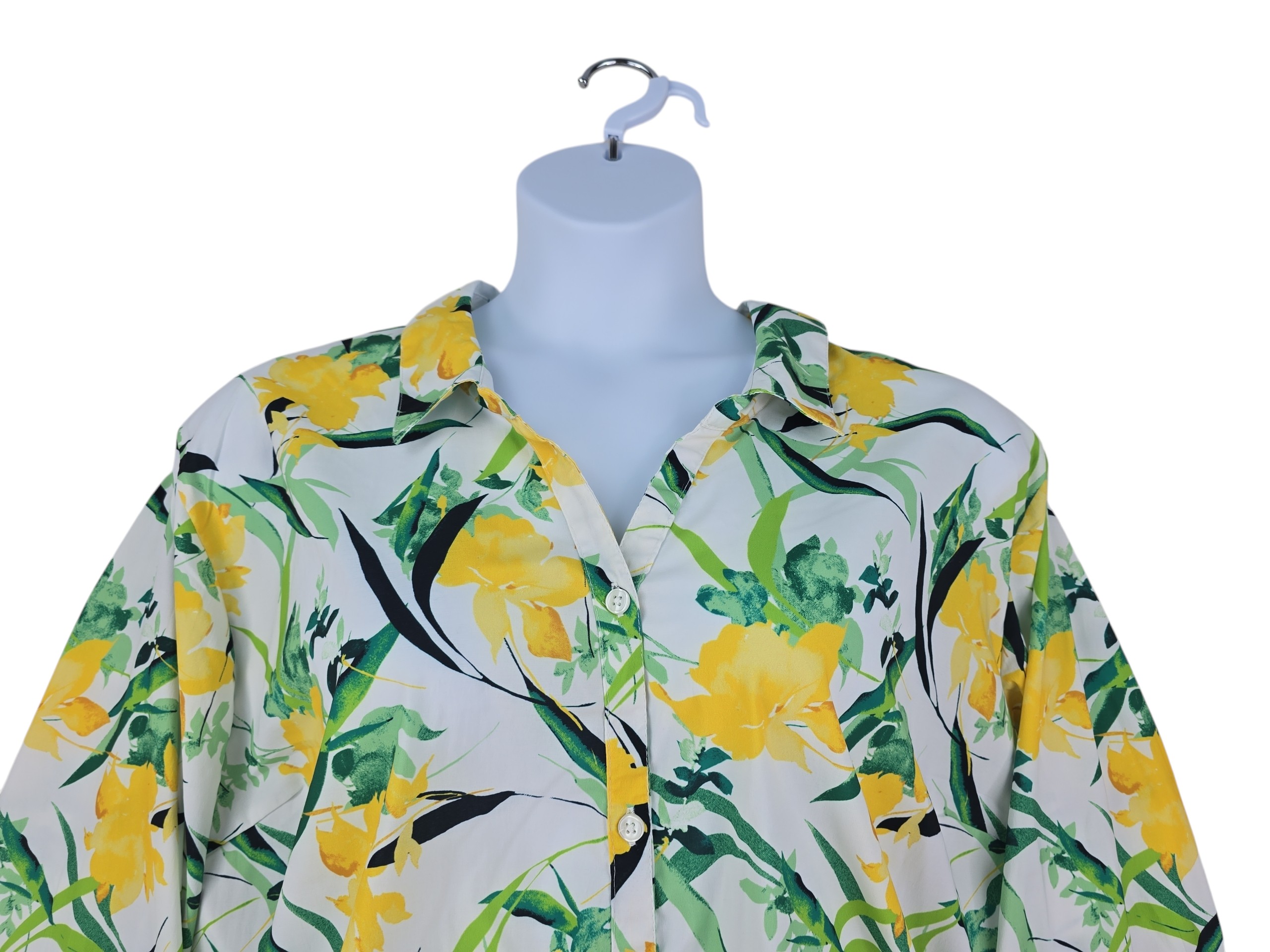 Up close front view of Catherines women’s floral button up blouse