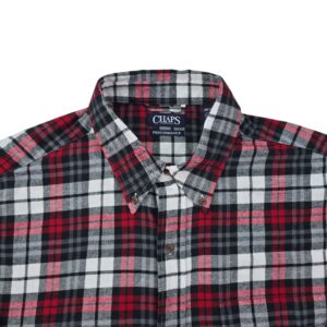 Up close front view of Chaps men’s plaid flannel shirt