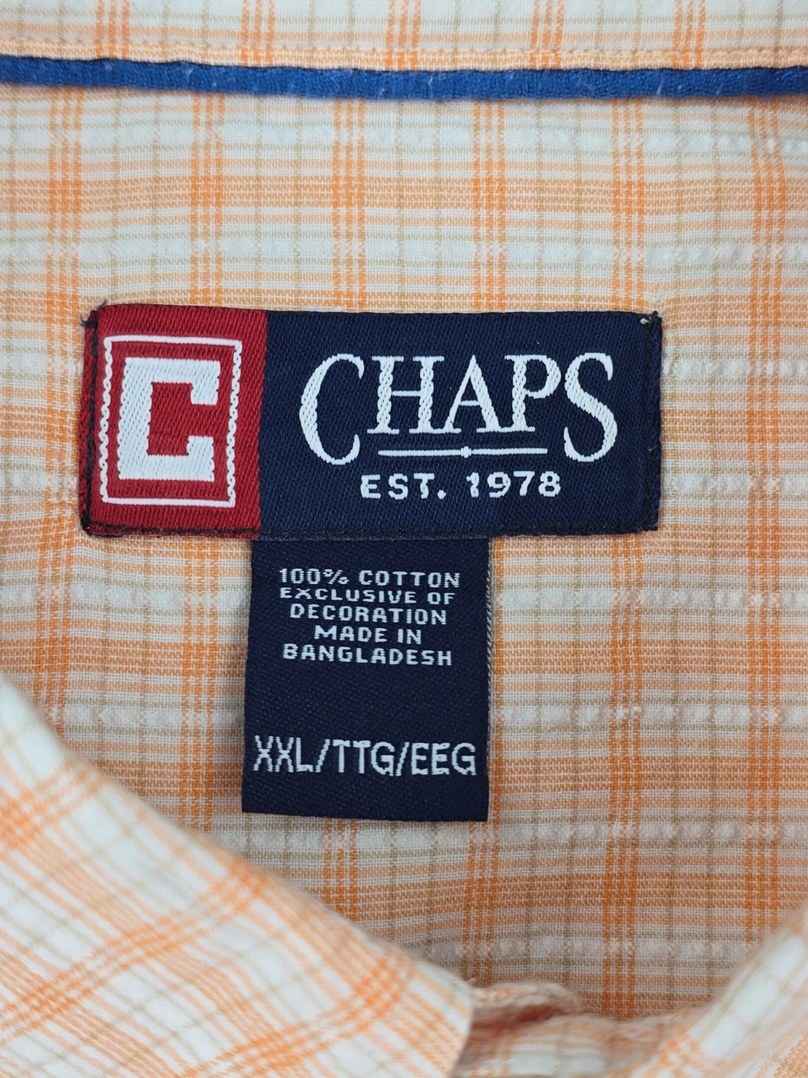 Chaps brand and size tag showing men’s XXL