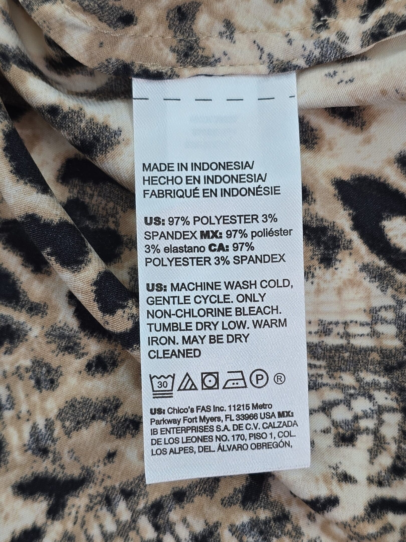 Chico’s women’s animal print top material and care label