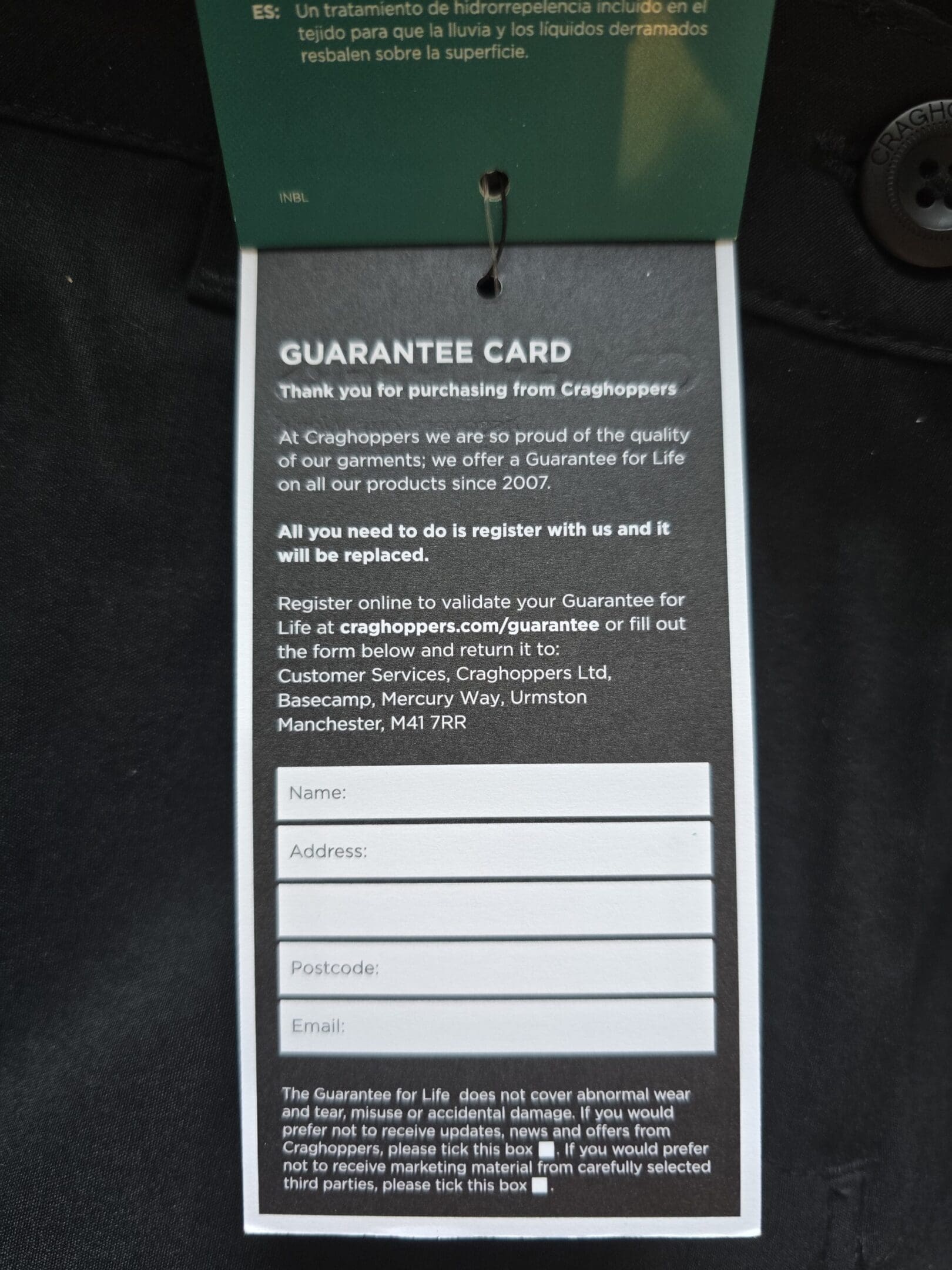 Craghoppers guarantee card
