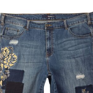 Denim 24/7 women’s distressed jeans showing floral embroidery and patched denim detail