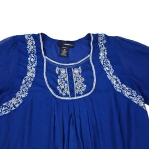 Denim 24/7 women’s blue embroidered blouse front detail with silver metallic beading and button placket, size 30W