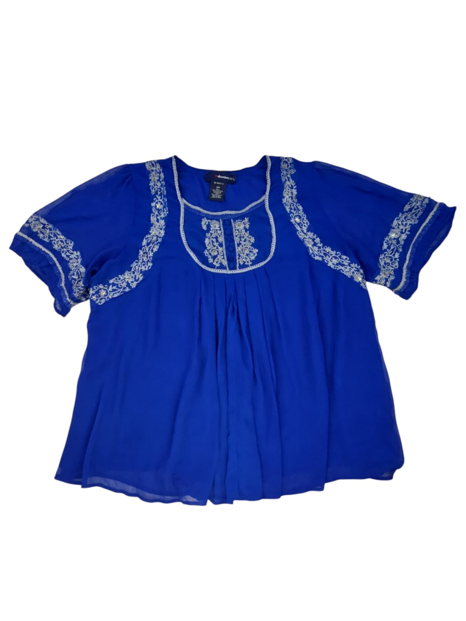 Denim 24/7 women’s blue sheer blouse front view with embroidered trim and pleated bodice, size 30W