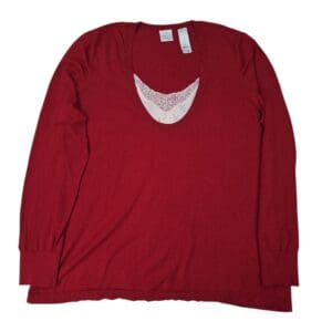 Emma James women’s sweater in red with scoop neckline and lace inset front