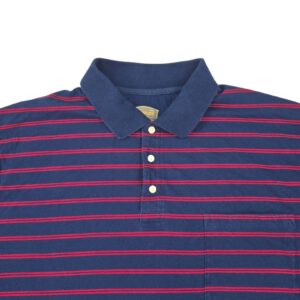 Foundry men’s polo shirt navy with red stripes close-up showing chest pocket and stripe detail