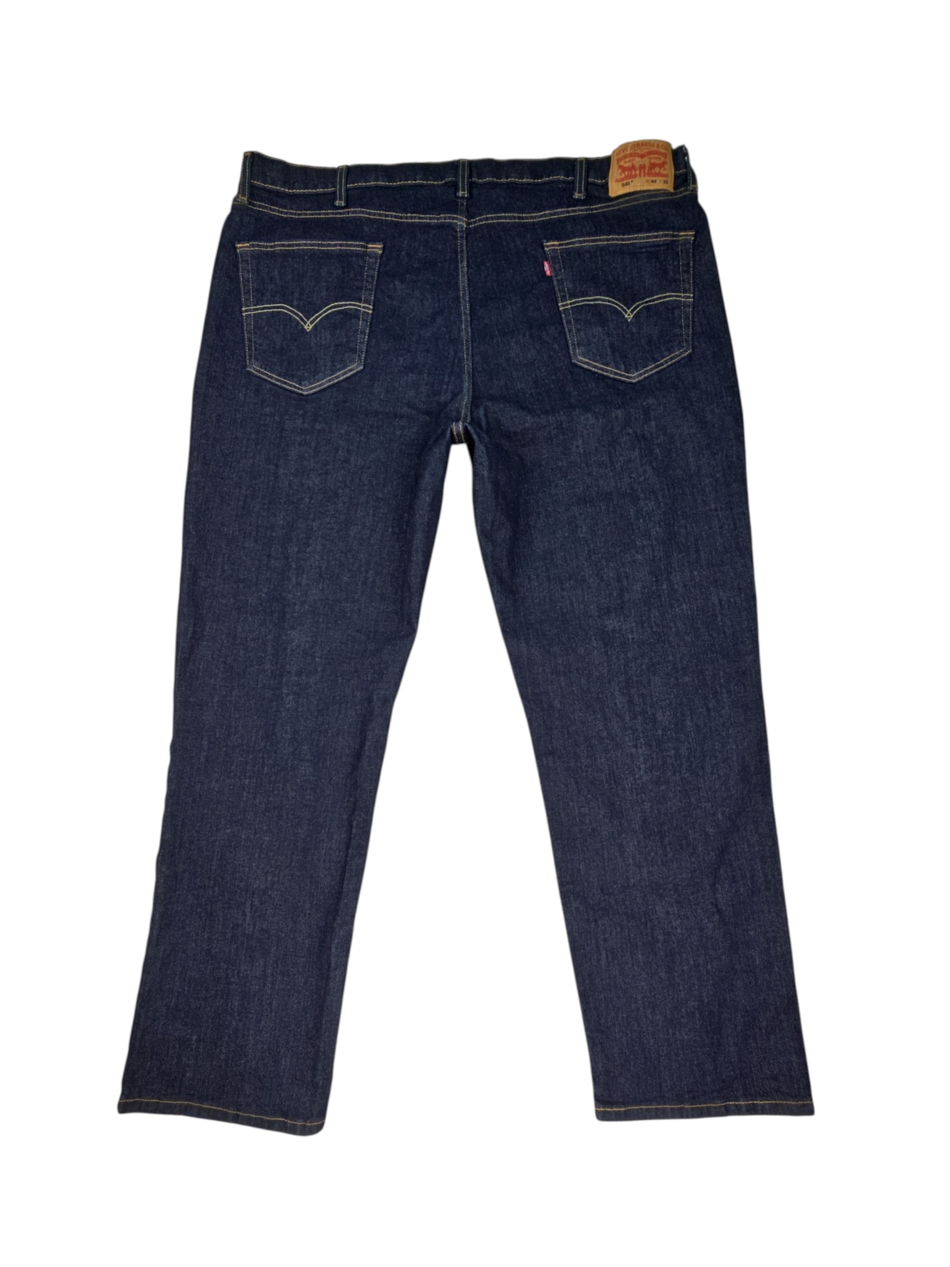 Back view of Levi 541 men’s blue denim jeans laid flat