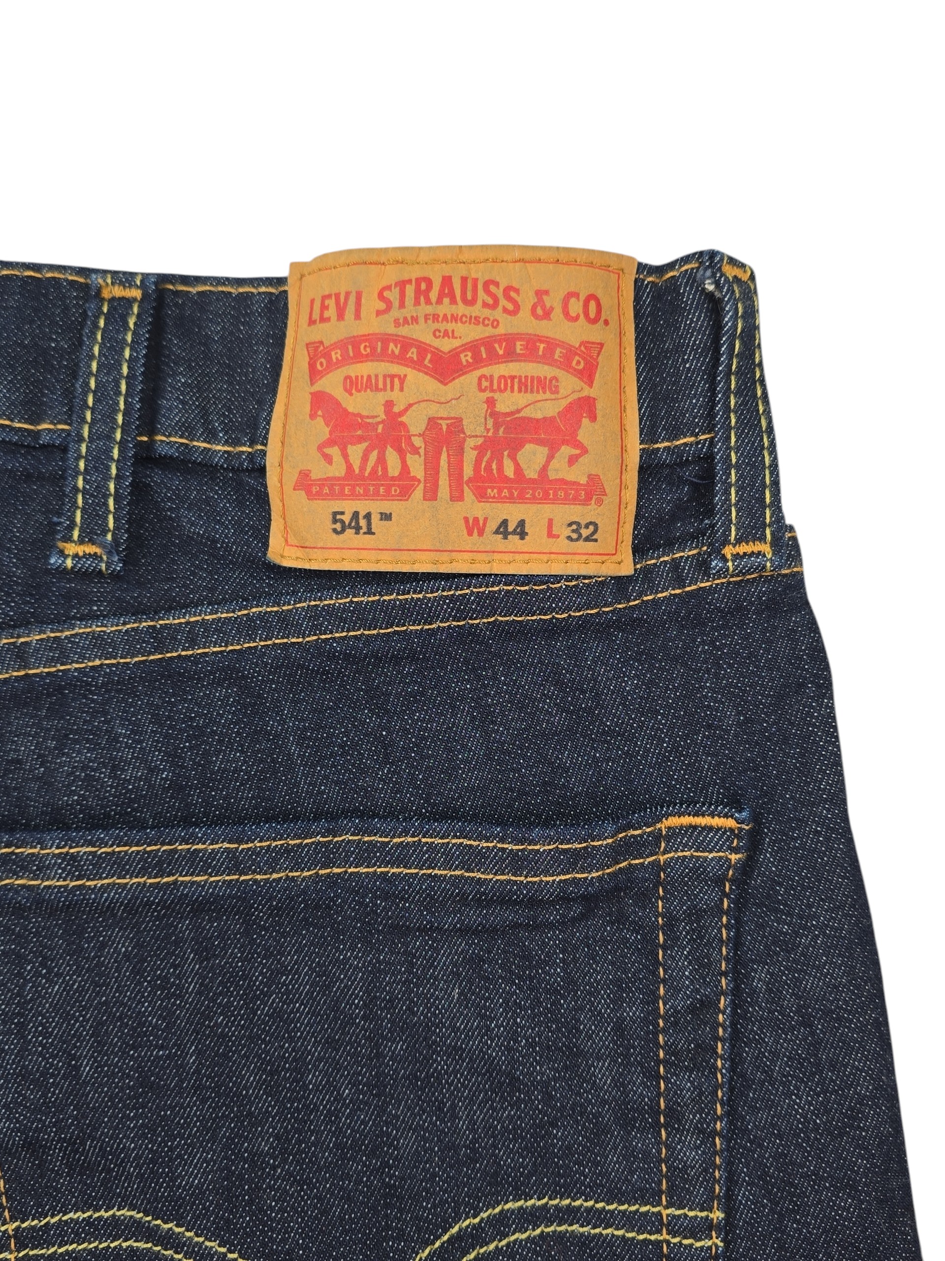 Levi brand patch on back waistband of Levi 541 men’s jeans