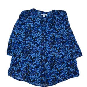 Liz Claiborne women’s blouse front view blue and black swirl print