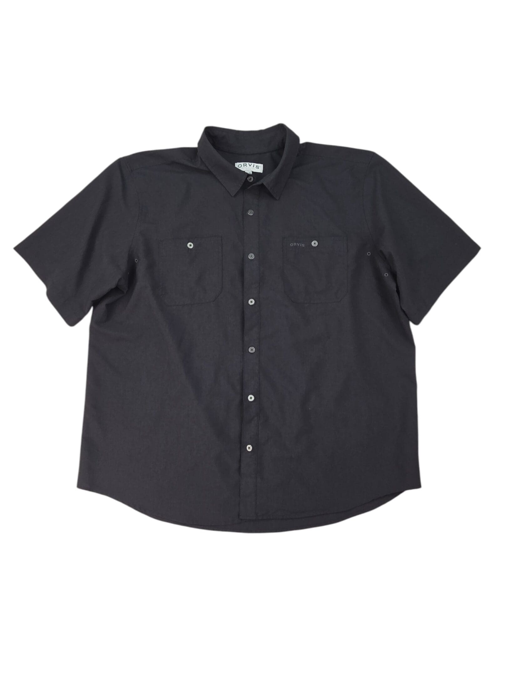 Orvis short sleeve button up shirt front view in black size XXL