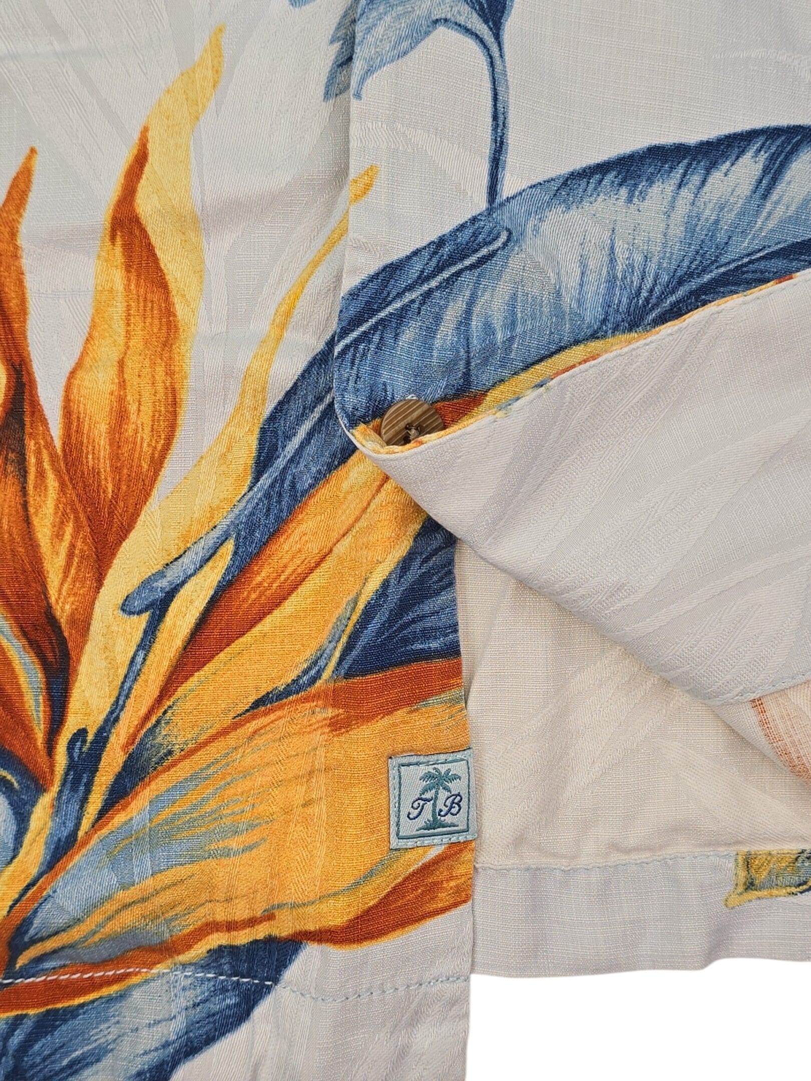 Tommy Bahama silk shirt TB logo on hem detail