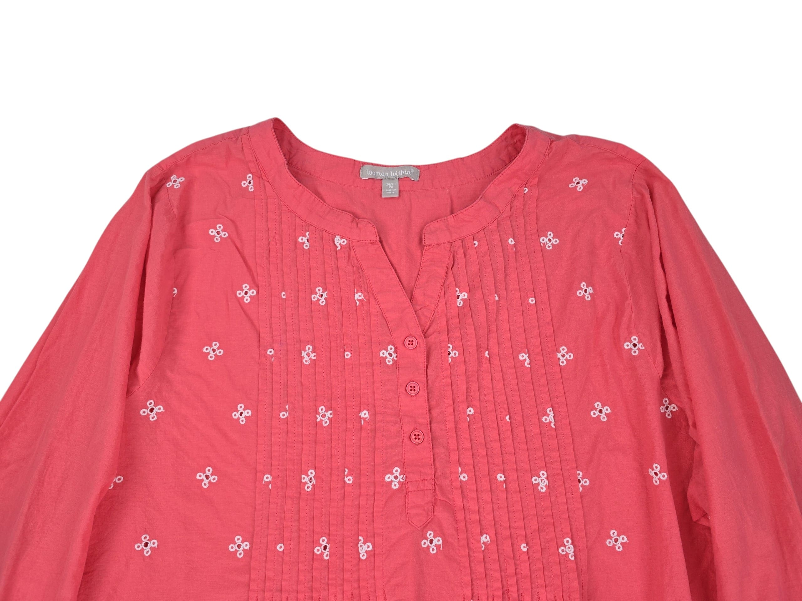 Woman Within embroidered blouse front close up showing pleated chest and split neckline