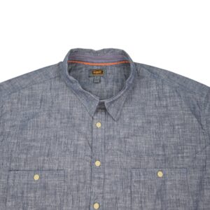 Foundry men’s button up shirt blue denim look front chest and collar view