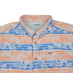 Columbia PFG coral and blue print fishing shirt collar detail