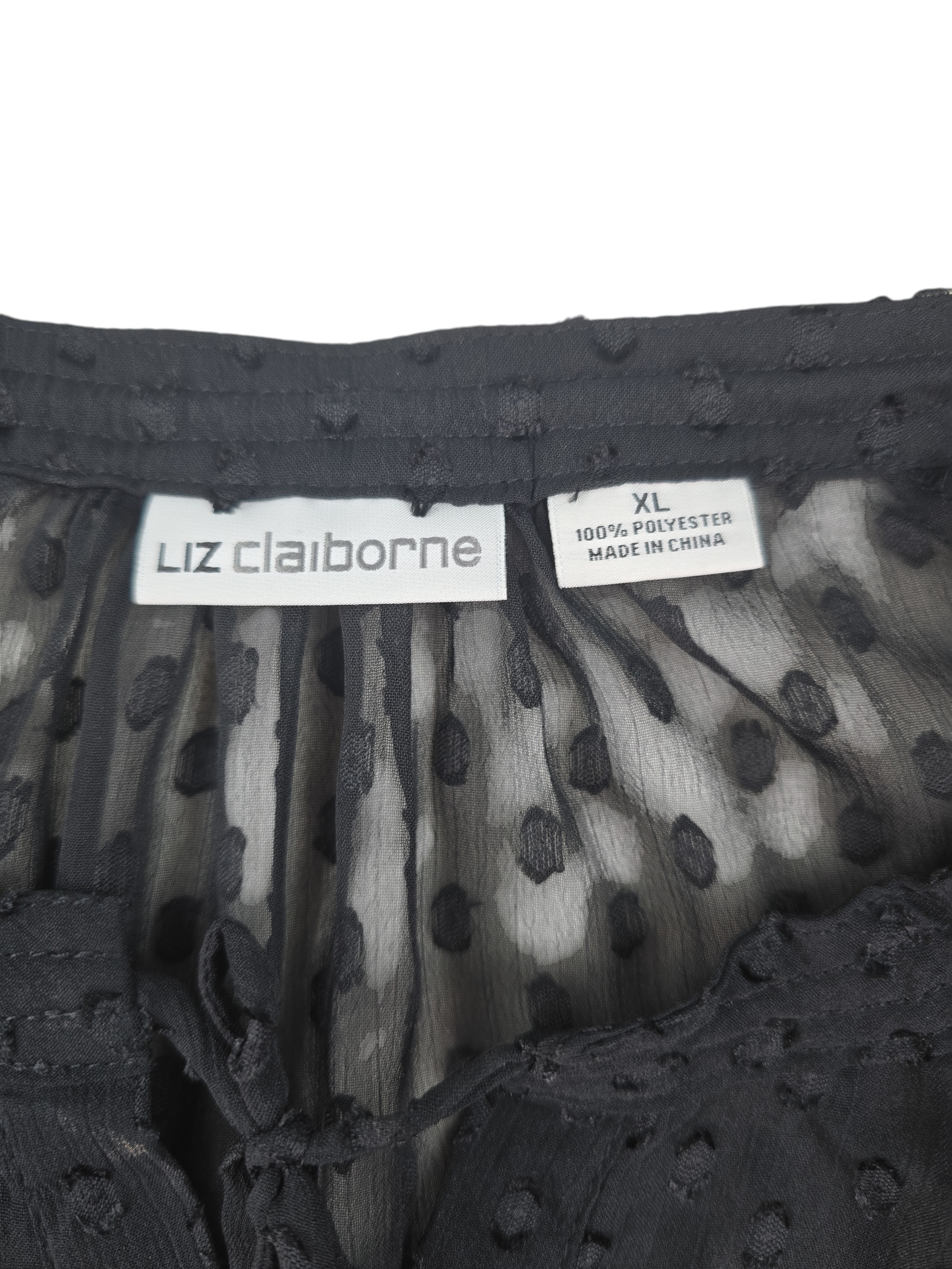 Liz Claiborne XL brand label inside black semi sheer blouse