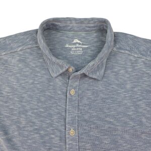 Close-up of Tommy Bahama men’s short sleeve shirt collar and buttons