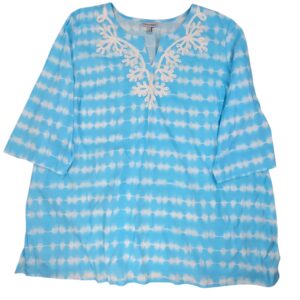 Catherines women’s 2X blue tie dye blouse with white embroidered neckline